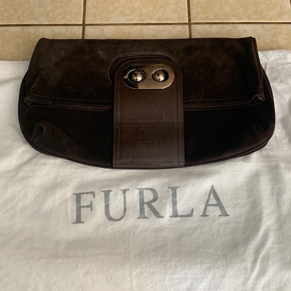 Furla brown suede clutch with dust bag